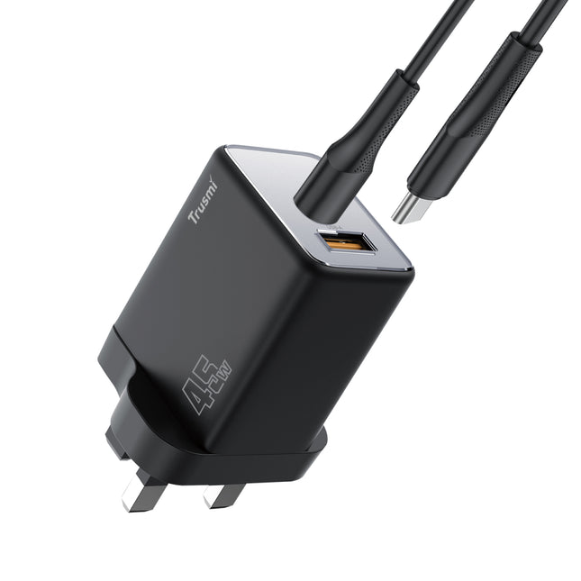 TRUSMI PD45W Mini GaN Fast Charger CH06-049 – USB-C + USB-A Ports – Compact Wall Adapter with 60W USB-C to USB-C Cable – High-Speed Charging for Laptops, Tablets & Smartphones – Black