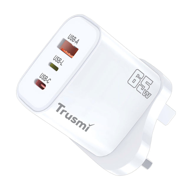 TRUSMI PD65W GaN Fast Charger CH13-081 – USB-C + USB-A + USB-L Multi-Port Charging Adapter – High-Speed Power