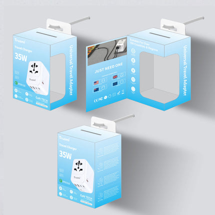 TRUSMI Univarsal Travel Adapter Charger 35W  – CH16-11 - 3C2A - USB-C + USB-A Fast Charging – UK/US/EU/AU Plugs – Compact & Portable Wall Adapter – White