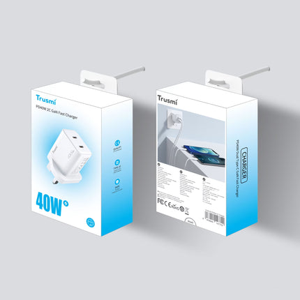 TRUSMI PD40W 2C GaN Fast Charger CH25-02 – USB-C Dual Port Quick Charge – US Plug – Compact & Portable – White