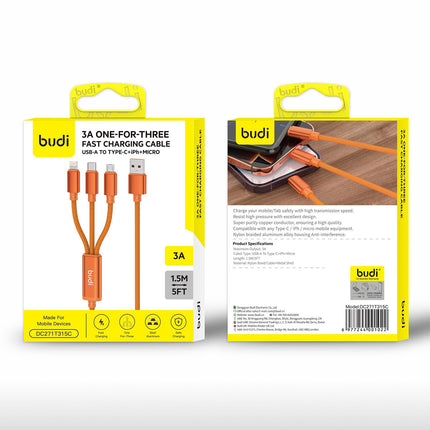 Budi Cable 3A 1.5M ONE-FOR-THREE DC271T315C USB A To C + L + M