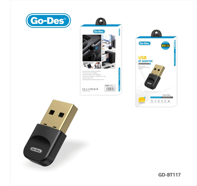 Go-Des GD-BT117 USB Bluetooth 5.3 Adapter Wireless Dongle for PC Laptop Plug and Play 30m Transmission