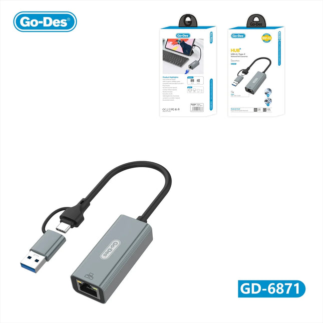 Go-Des USB-C USB-A to RJ45 Gigabit Ethernet Adapter 2in1 Network Converter Cable GD-6871