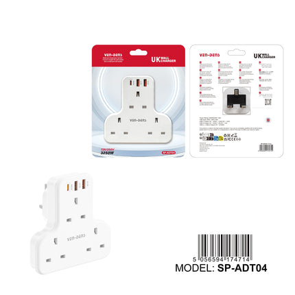 Ven-Dens 3 Way UK Wall Charger Adaptor with USB-C PD & Dual USB-A (SP-ADT04)