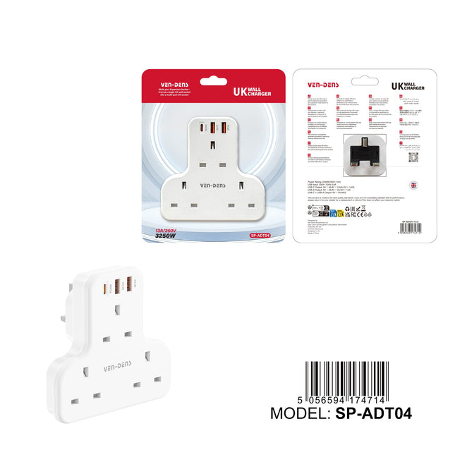 Ven-Dens 3 Way UK Wall Charger Adaptor with USB-C PD & Dual USB-A (SP-ADT04)