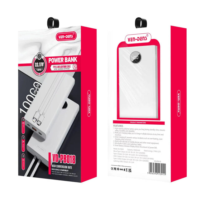 VEN-DENS PB018 22.5W PD 10000mah Power Bank White