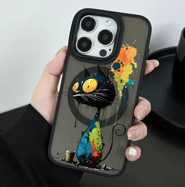 Transparent and  Frosted Mobile Phone Shell Magnetic a Motif Crazy Cat For iPhone 16