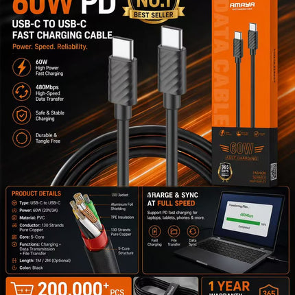 Amaya ACD-CC77 60W Fast Charging 1M Type-C to Type-C Cable