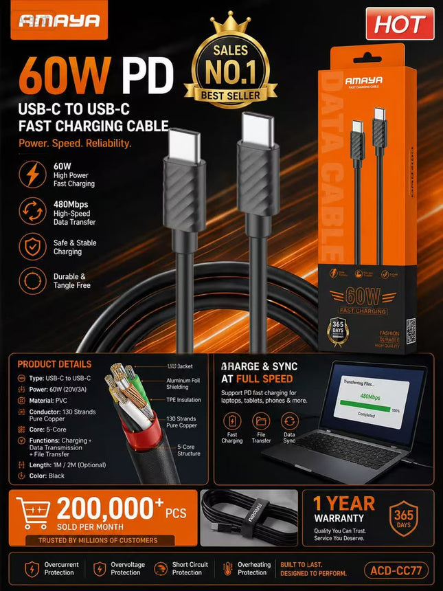 Amaya ACD-CC77 60W Fast Charging 1M Type-C to Type-C Cable