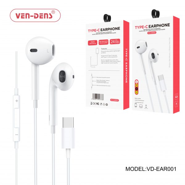 Ven-Dens High-Quality Type-C Wired In-Ear Earphones with Mic – White