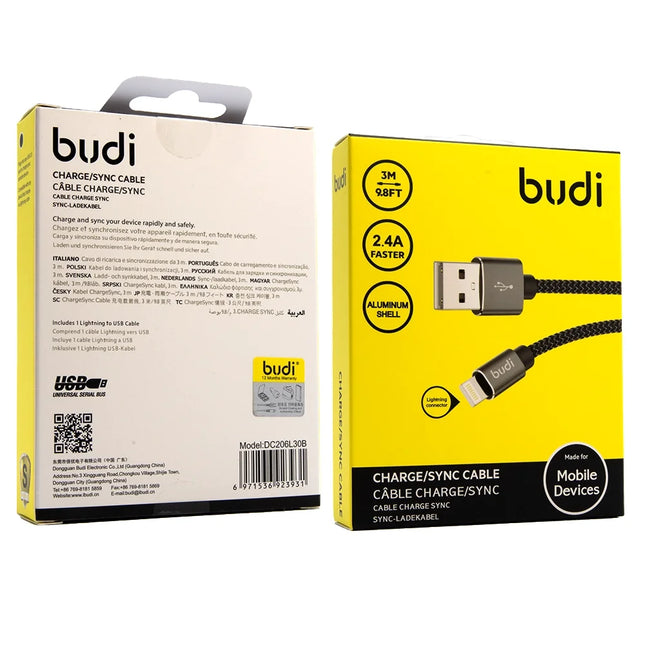 Budi Cable 2.4A  3M Aluminum Shell Braided Cable USB To L DC206L30B