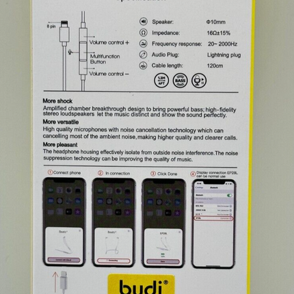 Budi Earphone With Remote and Mic, Lightning Connector, High Call Quality & Base
