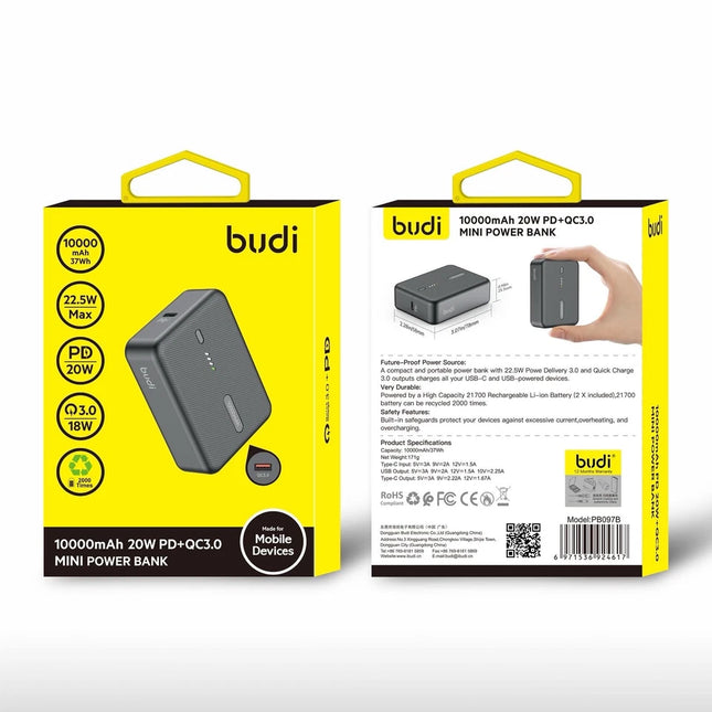 Budi PB097B 10000mAh Mini Power Bank – 20W PD + QC3.0 Fast Charging, Compact & Portable