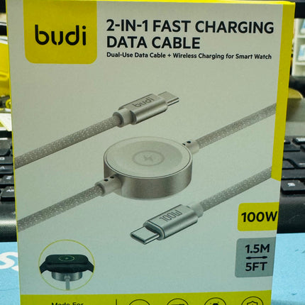 1.5M C-C PD100W Cable 2 IN 1 Fast Charging Cable (Dual USB Data Cable + Wireless Charging for Smart Watch)