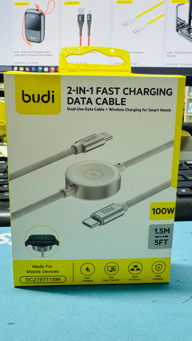 1.5M C-C PD100W Cable 2 IN 1 Fast Charging Cable (Dual USB Data Cable + Wireless Charging for Smart Watch)